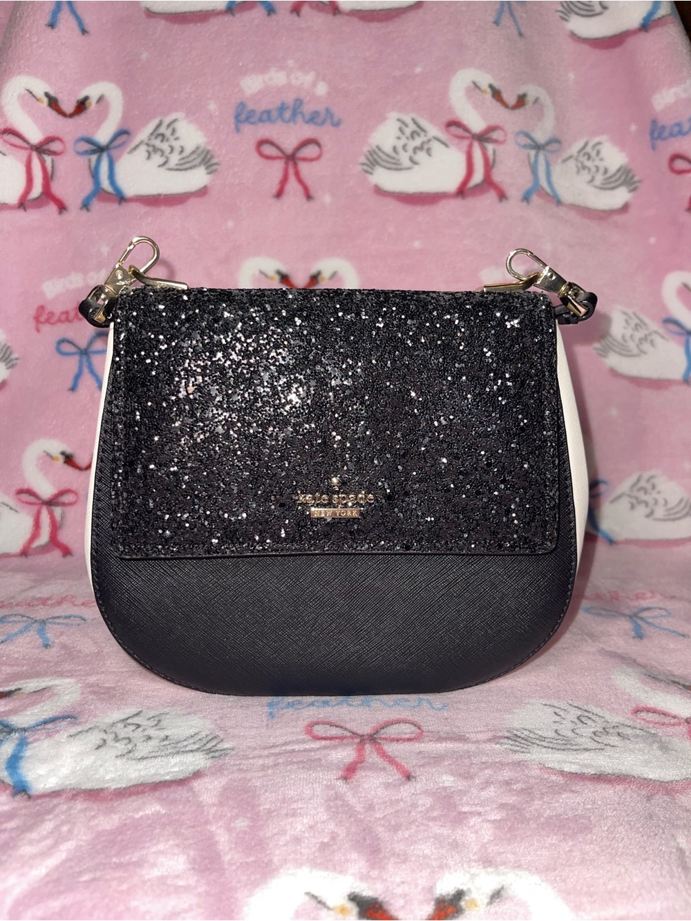 kate spade Black Glitter Flap Crossbody with Cream Sides